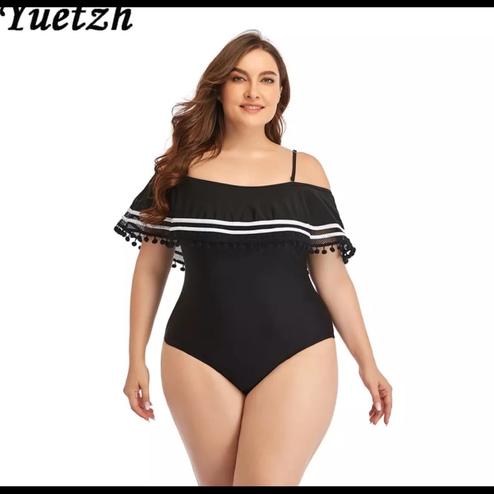 Women plus size swim suit one piece solid black large big bathing suit